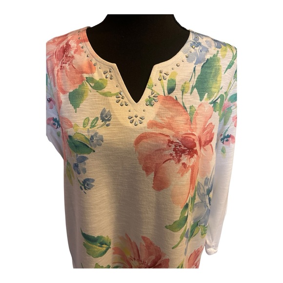 Alfred Dunner Women White Pink Floral Print 3/4 Sleeve Blouse Top Size Small - Picture 3 of 3
